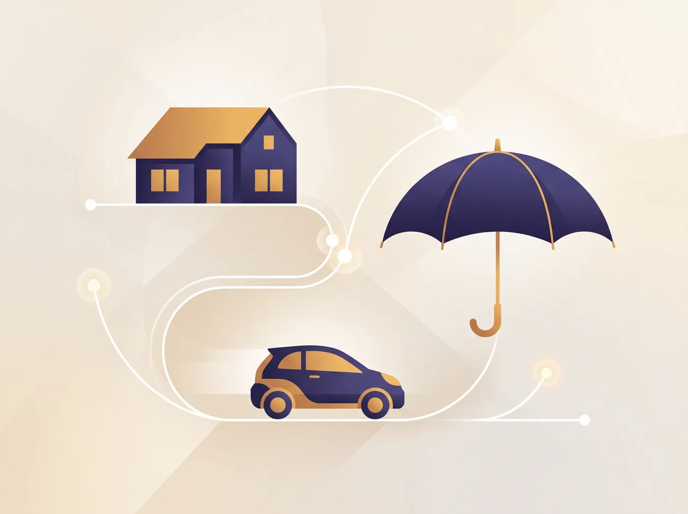 Editorial illustration of home, auto and umbrella coverage connected in one place