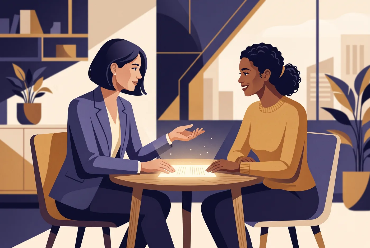 Editorial illustration of an advisor guiding a client through their options